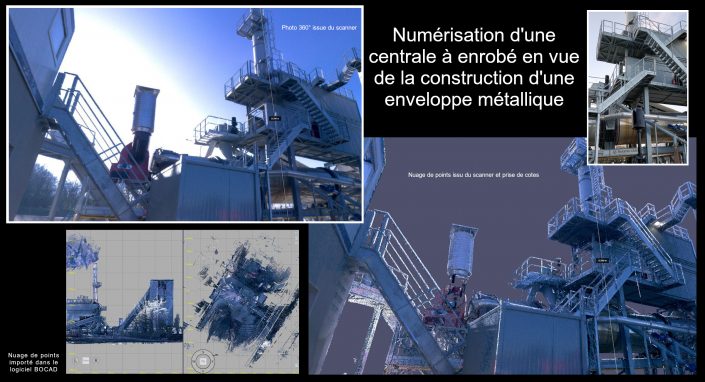 Numérisation d’une centrale à enrobé afin de permettre l’import du nuage de points dans BOCAD Le logiciel BOCAD accepte les nuages de points issus des scanners 3D. La preuve par ce nuage de points de centrale à béton